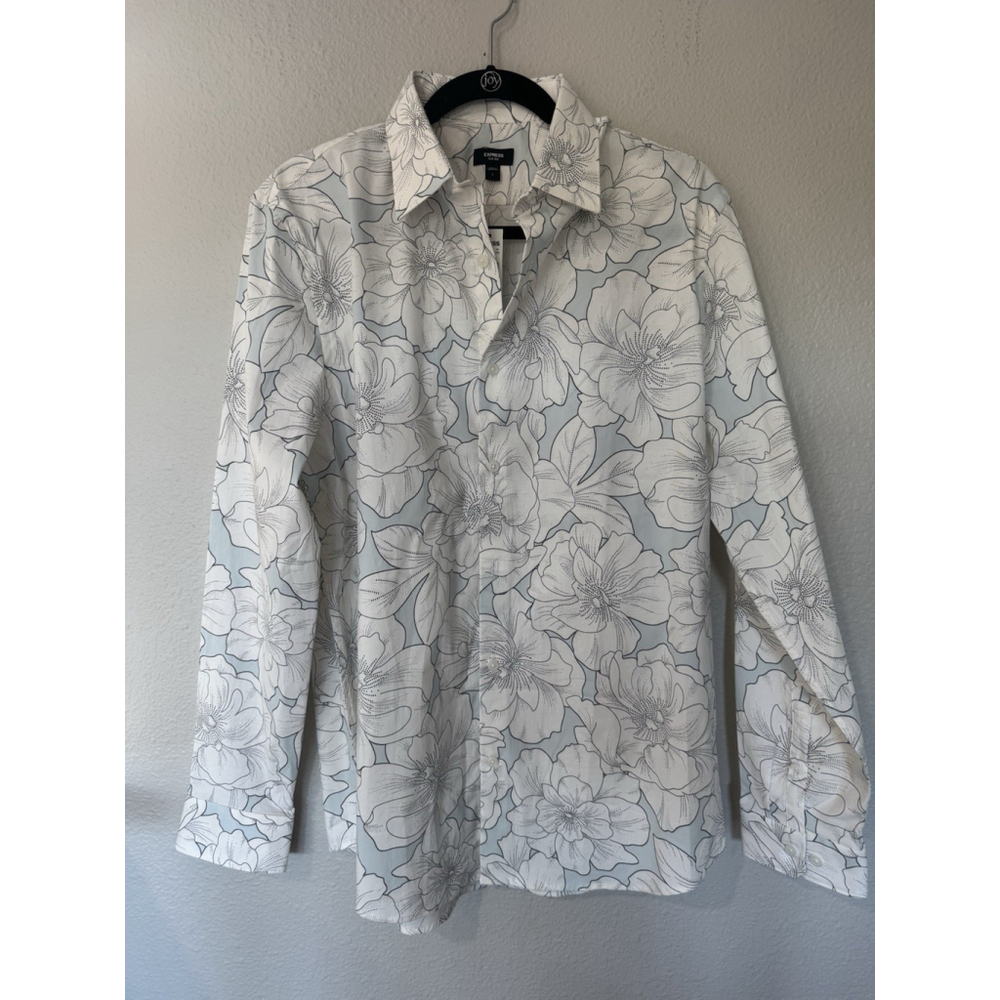 Express Slim Fit Mens Floral Button Up Shirt Large White Gray Print New